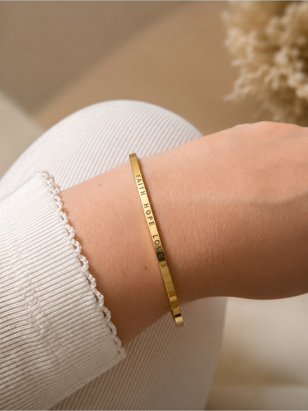 Gold 'Faith Hope Love' Engraved Bangle Bracelet
